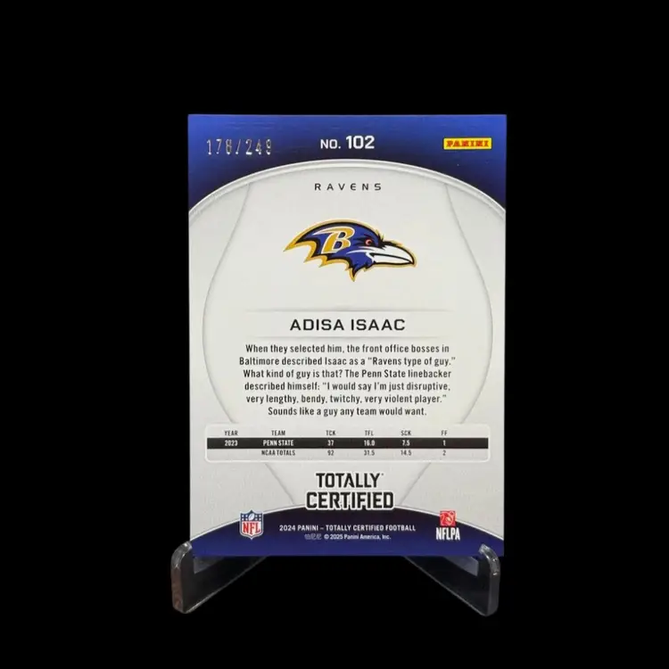 ADISA ISAAC 2024 PANINI TOTALLY CERTIFIED #102 PURPLE RED RC 178/249 BALTIMORE RAVENS