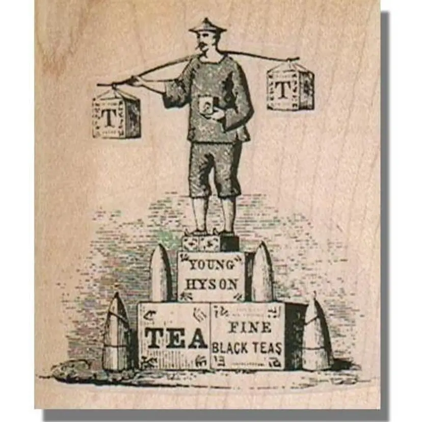 Vintage Asian Man Carrying Tea Rubber Stamp