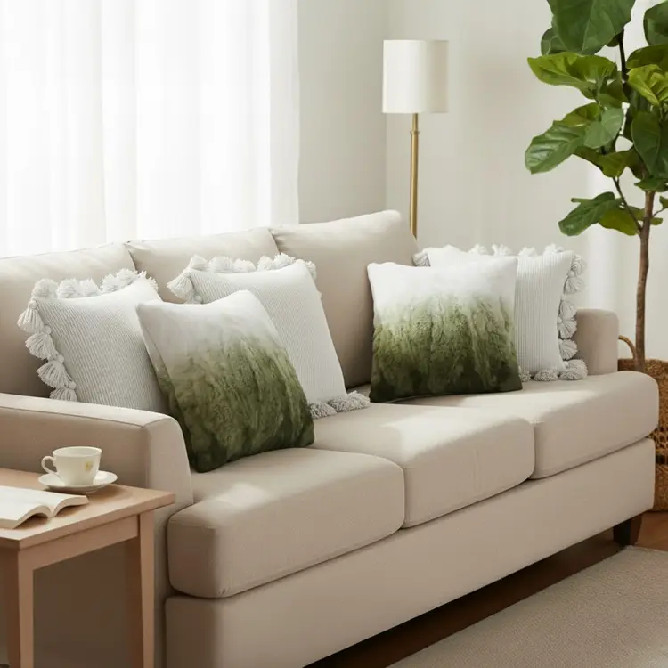 SOGA 5PC Decorative Pillowcase Set – 3x White Pom-Pom & 2x Ombre Faux Fur Covers