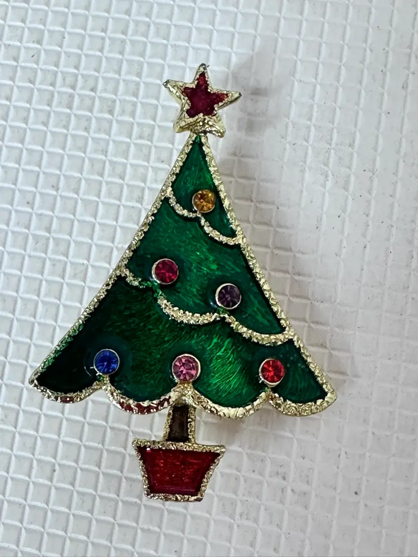 Vintage Beatrix Christmas Tree Brooch Pin Enamel Rhinestone SIGNED