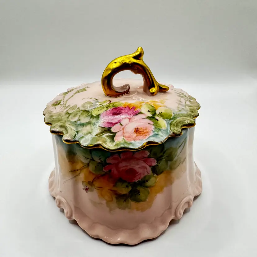 Vintage Hand Painted Floral Dresser Powder Box Lidded, Unmarked