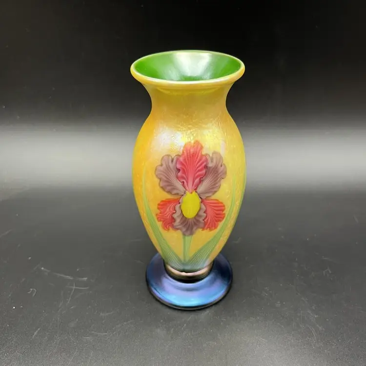 Held For Orient & Flume Studio Art Glass Iridescent Iris Flower Vase Signed