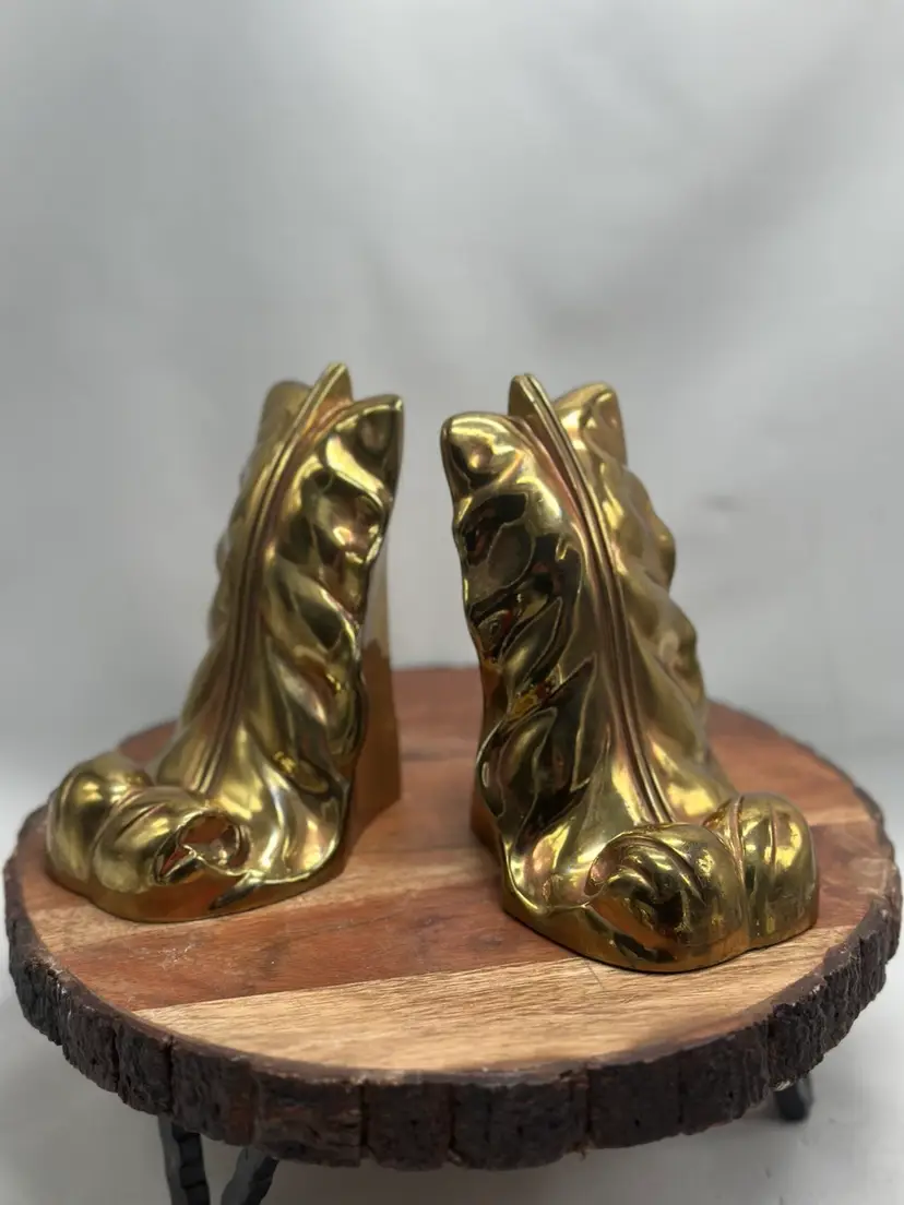 Vintage Brass Cast Acanthus Leaf Bookends Hollywood Regency Heavy