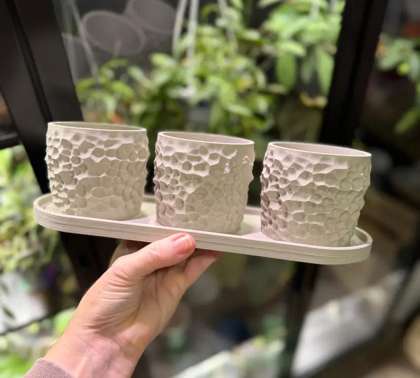 #34 3D printed pot trio with drainage and tray pots are 3 inches each, tray is 11.5 inches