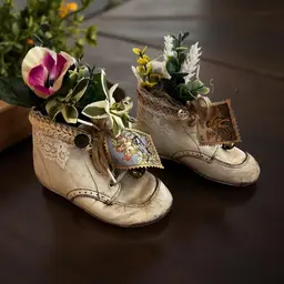 Made By Me Vintage Upcycled Childs Leather Shoes Floral Shabby Chic French Country Cottagecore Decor