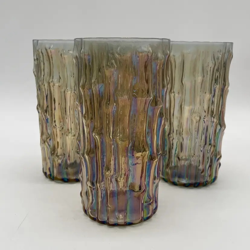 Set Of 4 Vintage Imperial Glass Iridescent Bamboo Tumblers