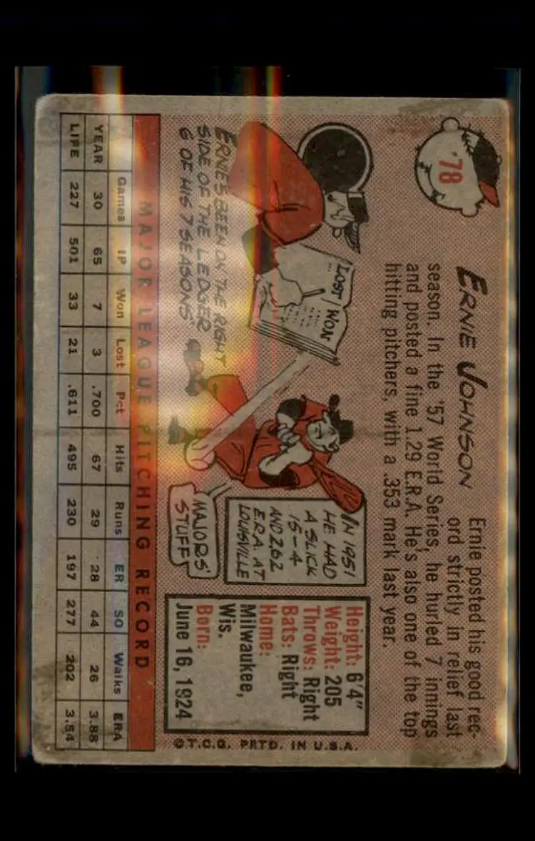 1958 Topps #78a Ernie Johnson - (pk4) - Milwaukee Braves