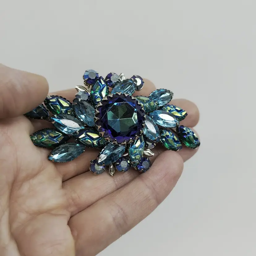Vintage Judy Lee Peacock and Pressed Glass Heliotrope Rhinestone Brooch Signed