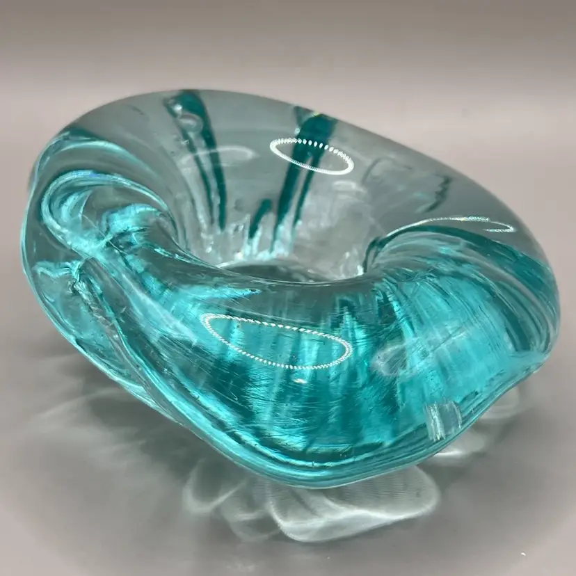 Free Form Turquoise Glass Candle Holder 4.5”x 2”