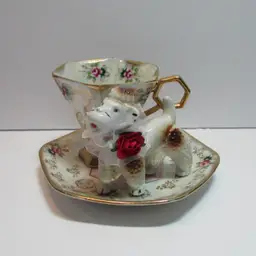 vintage floral teacup and saucer Sterling China chintz luster hexagon shape Valentine with dog figure