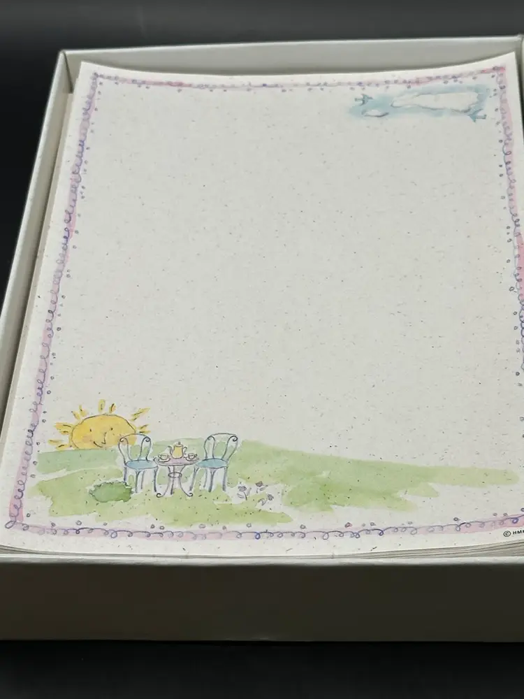 Hallmark Boxed Stationary Set~Purple Border with Sun Tea Set Cloud Birds