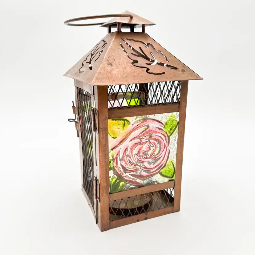 Metal Copper Colored Lantern Candle Holder Glass Rose Side Panels 9.5"H x 4.25" W