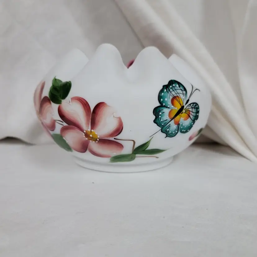 Vintage Satin Glass Hand Painted Rose Bowl