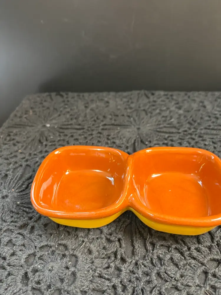 #01 Pier One Pottery Divided Condiment Dish-w/ Raised Handle between Compartments