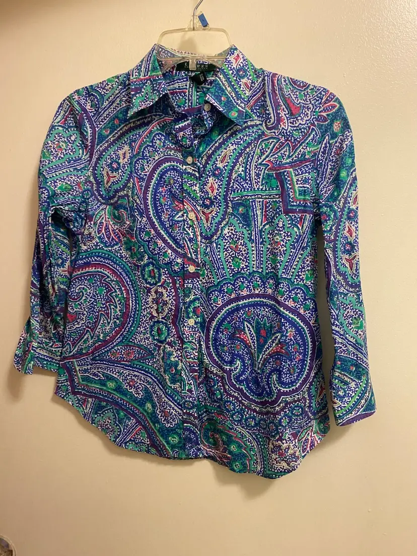 Lauren Ralph Lauren Petite Womens Button Up Shirt Blouse S PS Paisley Boho Print