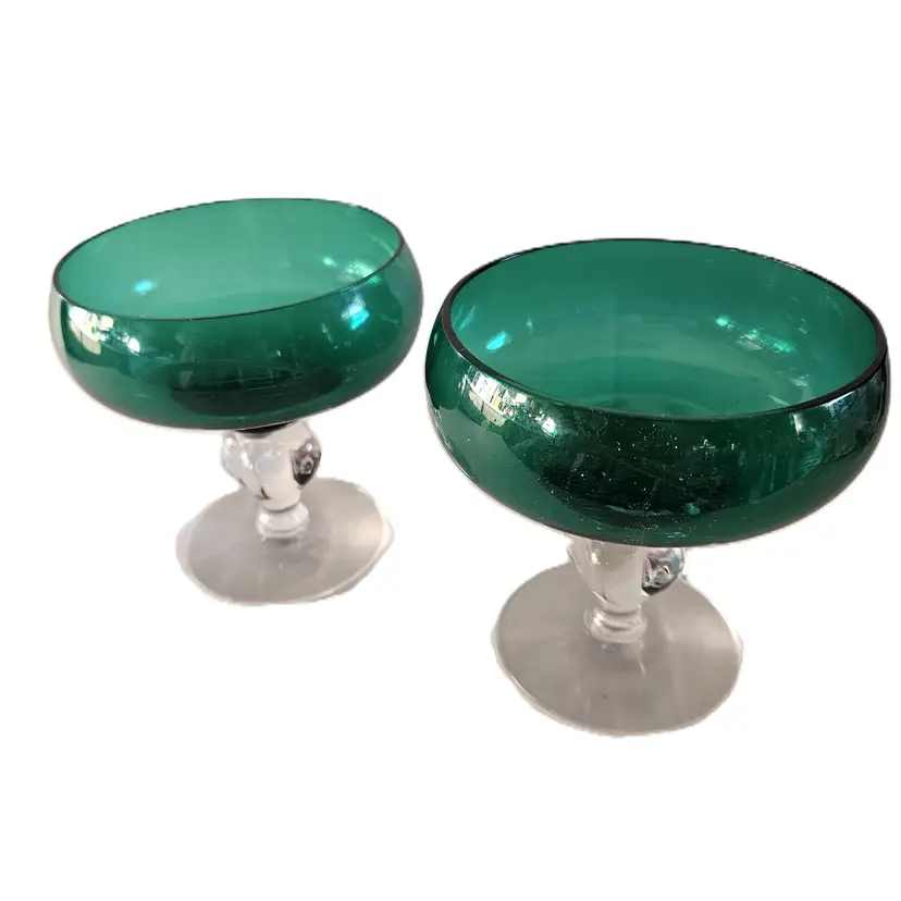 #01 - Vintage Emerald Green and Clear Ball Stem Wine or Cocktail Glasses