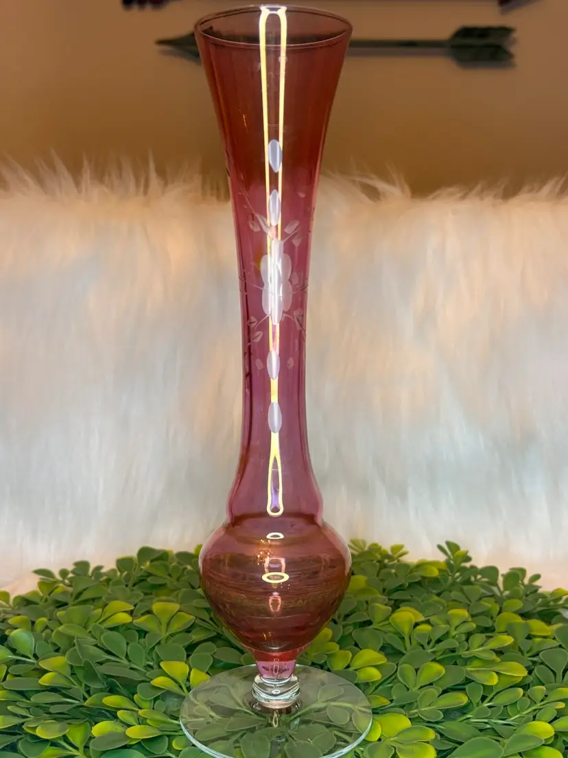 Vintage 9-3/4” Tall Cranberry Pink Floral Etched Glass Bud Flower Vase