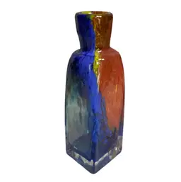 Multicolor Art Glass Bottle Bud Vase Signed Flat Smooth Bottom