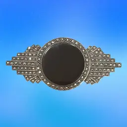 Vintage Art Deco Hallmarked Sterling Silver Onyx & Marcasite Brooch 3.5”x1.75”, 33g