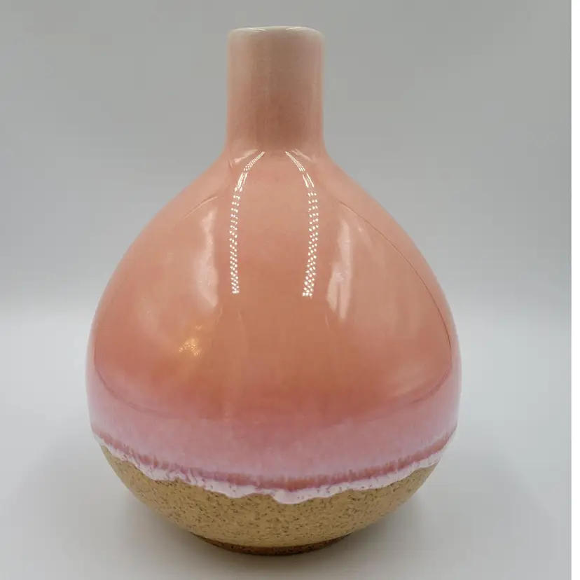 Stoneware Pottery Vase With Peachy Pink Drip Glaze Over Speckled Tan Glaze Unsigned