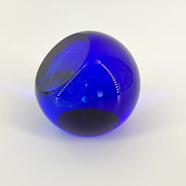 Cobalt Blue Art Glass 3.5" Peek-A-Boo Paperweight With Aqua Spotted Ball