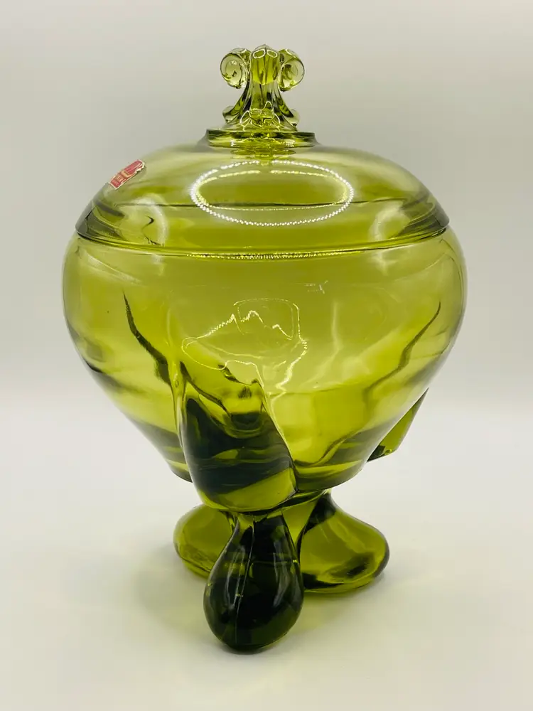 Vintage, Viking Glass 3 Foil Lidded Candy Dish, Olive Green