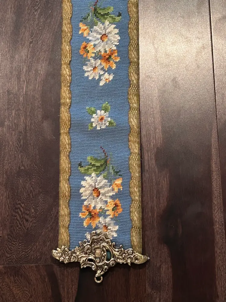 Vintage Needlepoint, Bell Pull Blue & Floral Tapestry Wall Hanging With Decorative Hardware