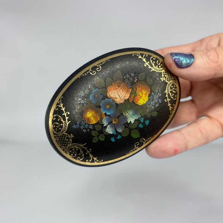 1970s Farrahs Original Harrogate Toffee Tin - Floral Black and Gold - Tole Style Design
