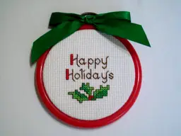 Cross Stitch HAPPY HOLIDAYS Green Holly Red Embroidery Hoop Christmas Ornament 3.5"