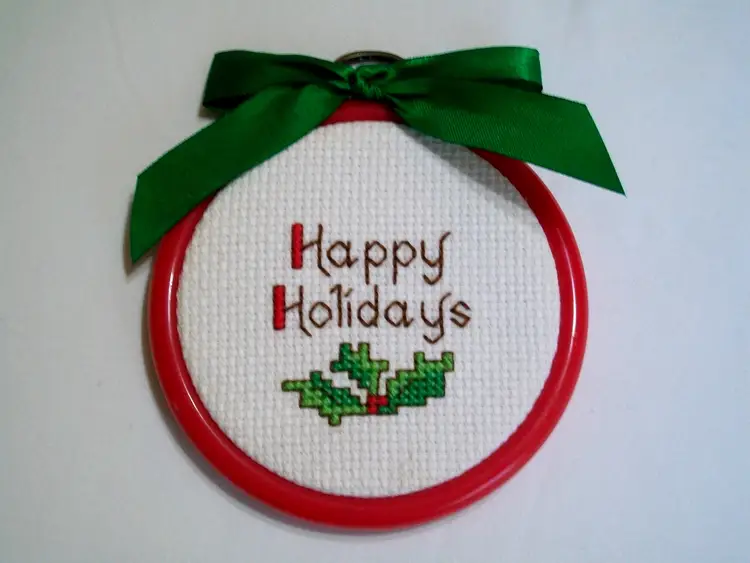 Cross Stitch HAPPY HOLIDAYS Green Holly Red Embroidery Hoop Christmas Ornament 3.5"