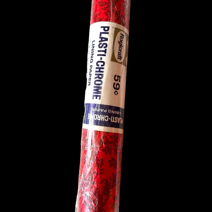 Vintage Roll Plasti-Chrome Lining Paper 28sq Ft 13”x 8 2/3 Yards black on red Lace pattern Hollywood Glamor Kitsch 60s 70s