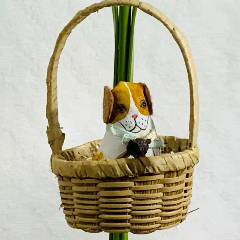 Handmade Wicker Puppy In Basket Vintage Christmas Ornament Approximately 2.5” Diameter And 4”Tall
