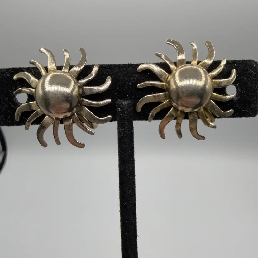 Silver Tone Sun Screw Back Earrings