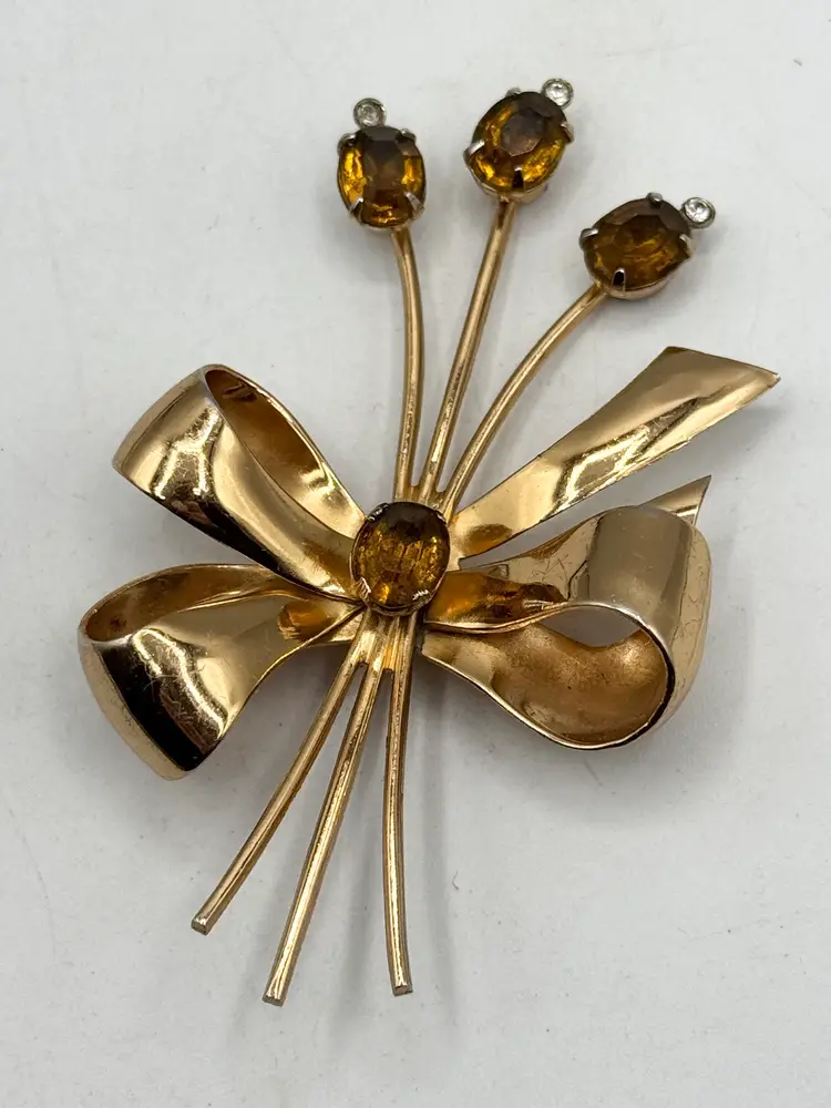Vintage Coro citrine glass rhinestone flower brooch pin