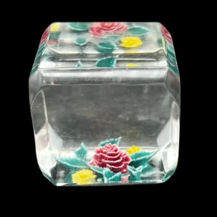 #259B Vintage Bircraft Lucite Reverse Cut And Hand Colored Rose Cube Shape Paperweight