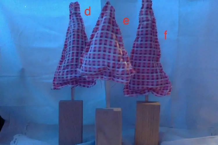 Handmade Christmas Decorations:  Cloth Trees with Real Wood Trunks and Bases.
