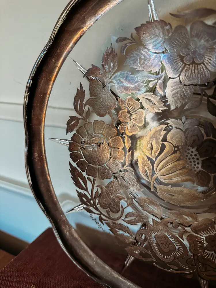 Vintage Georges Briard Silver over Gold Floral Inlay Pedestal Cake Stand, Signed