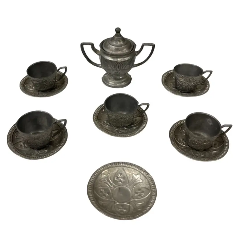 Miniature Pewter Dollhouse Tea Cup Set w/ Sugar Bowl 13 Pieces | 1.5”