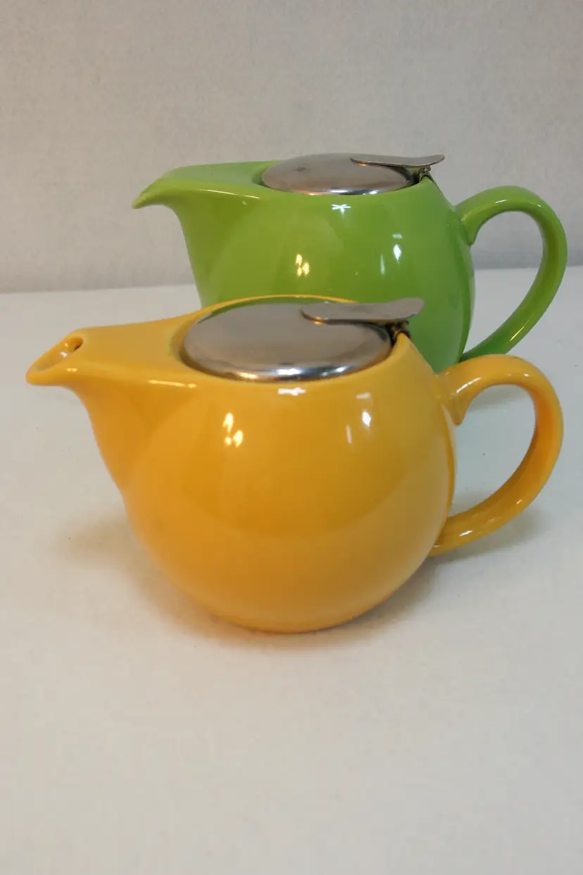 Old Amsterdam Porcelain Works Metal Fliptop Lime Green Yellow Teapots set-2 RARE