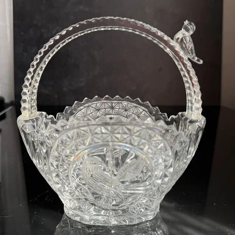 Hofbauer "Byrdes Collection" 24% Lead Crystal Basket With Bird On Handle And Etched Bird Motifs 6” X 6.5”