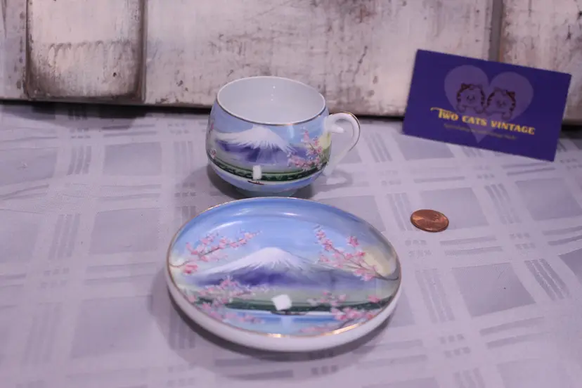 Vintage Kutani Mount Fuji Lithopane Geisha Eggshell tea Cup and Saucer