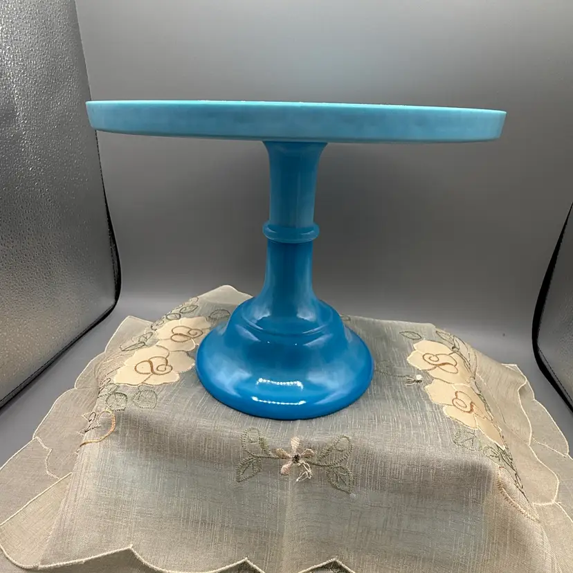 Mosser Glass Pedestal Cake Stand Georgia Blue Opalescent Milk Glass 9x7.5