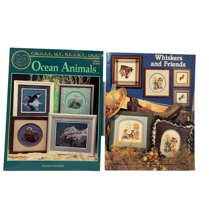 2- 1994 Counted Cross Stitch Pattern Booklets. “Ocean Animals” And “Whiskers And Friends”