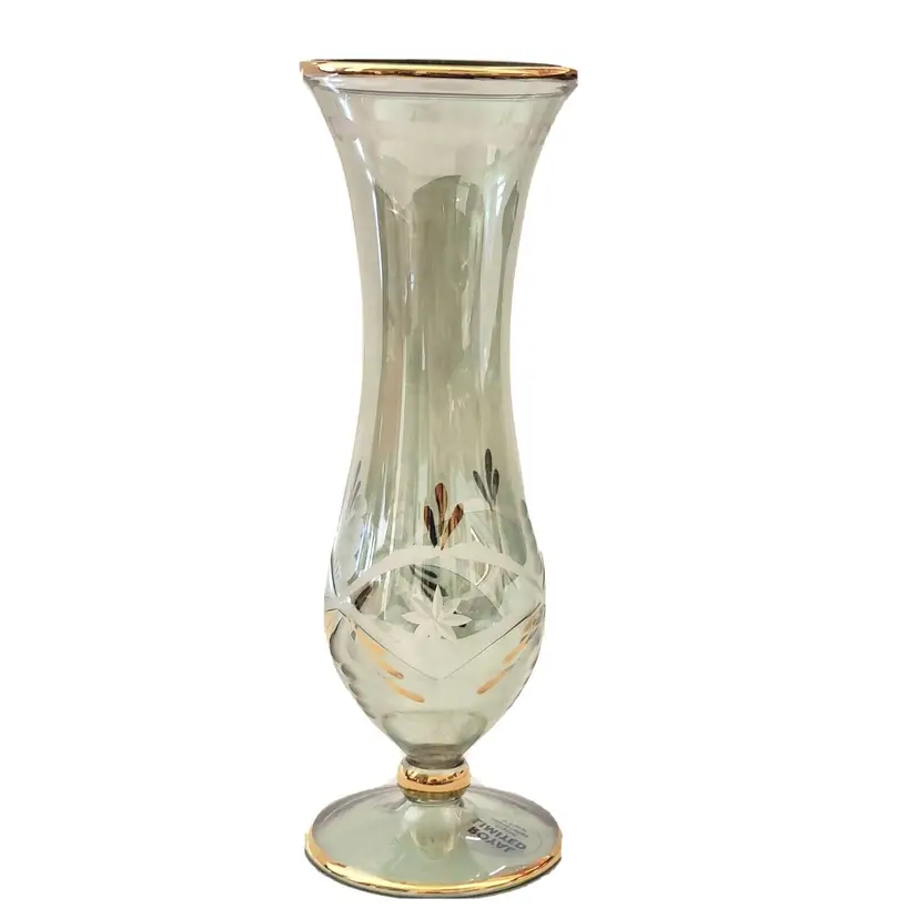Egyptian Royal Limited Crystal Bud Vases Green Cut to Clear Gold Trim 6 3/4"