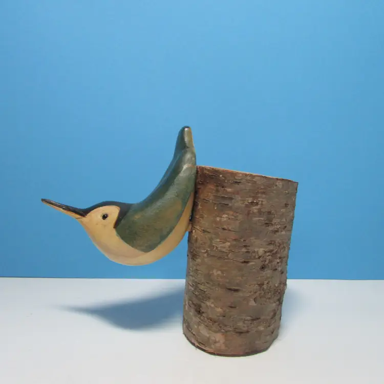 vintage hand carved and painted Nuthatch bird on tree stump figure