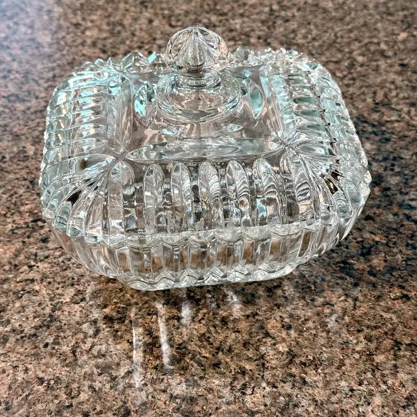 Vintage Anchor Hocking Square Ribbed Clear Cut Glass Beveled Edge Lidded Candy Dish