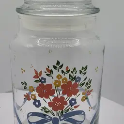 Vintage Libbey Floral Glass Canister with Lid "Spring Bouquet" 7"