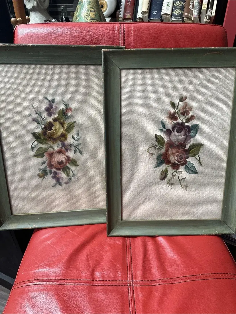 Vintage Floral Needlepoint, Roses, Wood Frame (Set of 2)