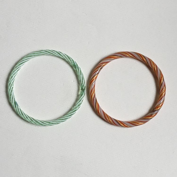 Vintage Art Glass Orange & Green Candy Striped Stretched Bangles Set of 2