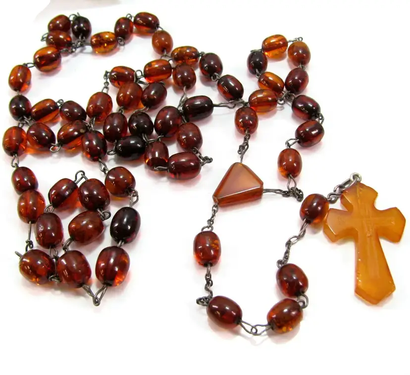 Vintage Carved Amber Rosary Bead Religious Vintage Cross Necklace